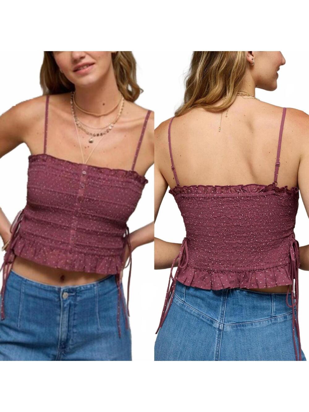AE Smocked Tie Side Button-Up Tank Top American Eagle NWT Burgundy XL